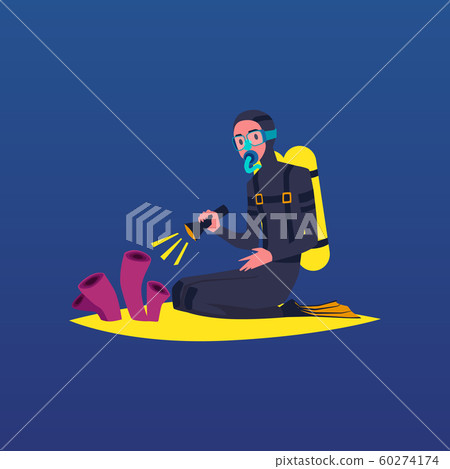 Diver character diving on coral reef seabed, flat cartoon vector illustration. 60274174