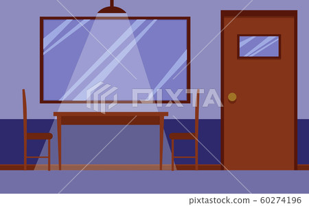 Flat interior of police station interrogation room with wooden desk and chairs 60274196