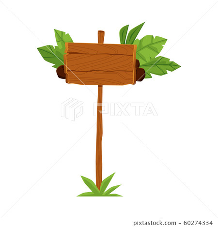 Summer time wooden signboard with blank brown wood plank and green tree leaves 60274334