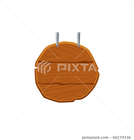 Round wooden shop sign template hanging from above - cartoon brown wood circle 60274336