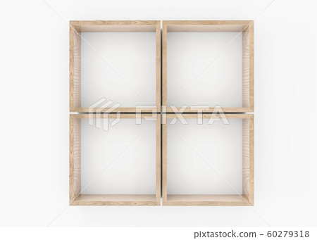 Empty brown wood plank board shelf on white wall background 3d illustration render 60279318