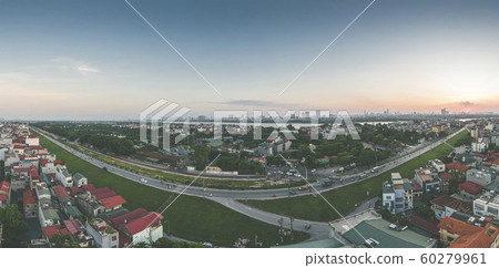 Long Bien - Xuan Quan, Ha Noi, Viet Nam, Panorama Aerial Drone Shot in in Sunset Long Bien - Xuan Quan, Ha Noi, Viet Nam, Panorama Aerial Drone Shot in in Sunset 60279961
