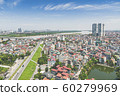 Lam Du, Bo De, Long Bien and Red River (Song Hong), Ha Noi, Viet Nam. Panorama Aerial Drone Shot in Sunny Day 60279969