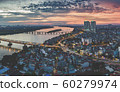 Burning Sky Sunnset in Long Bien, Ha Noi. Panorama Aerial Drone Shot of Red River (Song Hong) 60279974