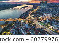 Burning Sky Sunnset in Long Bien, Ha Noi. Panorama Aerial Drone Shot of Chuong Duong Bridge, Gia Lam 60279976