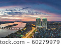 Burning Sky Sunnset in Long Bien, Ha Noi. Panorama Aerial Drone Shot of Chuong Duong Bridge, Gia Lam, Ha Noi Night Lights 60279979