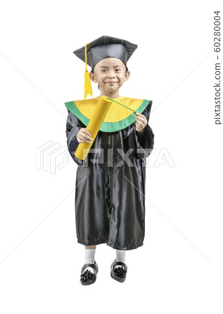 Asian little girl in hat and graduation gown holding certificate 60280004