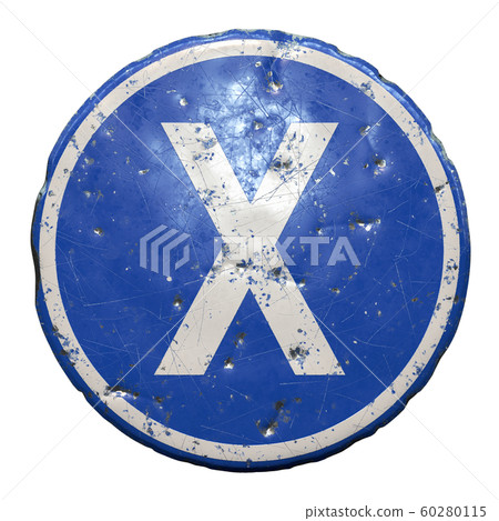 Public road sign in blue color with a capitol white letter X in the center isolated white background. 3d Public road sign in blue color with a capitol white letter X in the center isolated white background. 3d 60280115