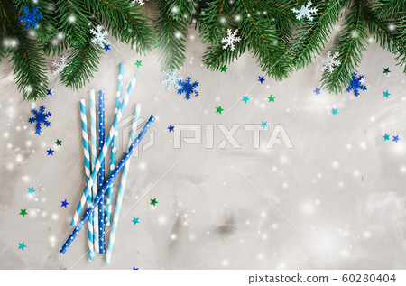 Straws with various pattern in blue color for Christmas or New Year party. 60280404