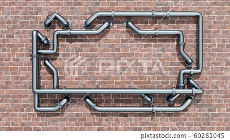 Empty space on a red brick wall is entangled in metal pipes Empty space on a red brick wall is entangled in metal pipes 60281045