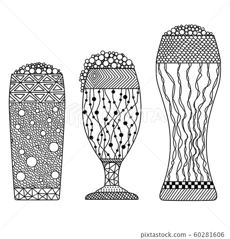 three glasses of zenart beer, beer foam, doodle, 60281606
