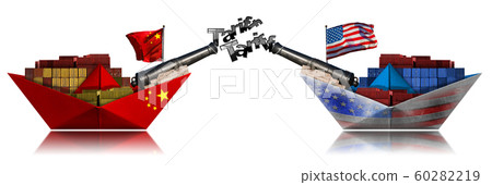 USA and China trade war - Two cargo container ships with cannons 60282219