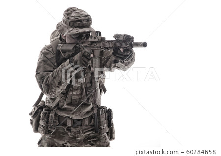Army infantryman aiming service rifle studio shoot 60284658