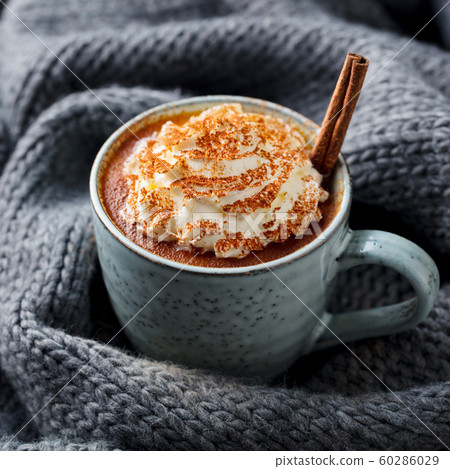 Pumpkin latte with spices. Boozy cocktail with whipped cream. Grey knitted background. Close up. 60286029