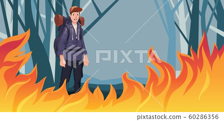 Man tourist with backpack in front of forest fire. Natural disaster and people. Flat vector illustration. Man tourist with backpack in front of forest fire. Natural disaster and people. Flat vector illustration. 60286356