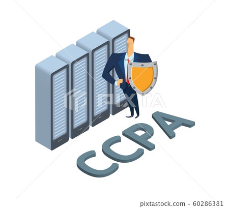 CCPA, California Consumer Privacy Act. USA data security, personal data protection. Bussinessman with a shield standing in front of servers. Concept vector flat illustration on white background.