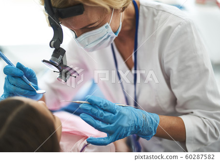 Practitioner is doing dental procedure for girl 60287582