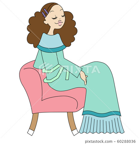 一個女人坐在沙發上穿裙子的插圖 60288036
