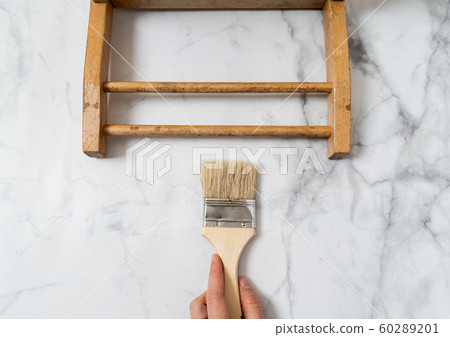 Upcycling concept. Flat lay on marble background. Mid century chair and tools. Top view Upcycling concept. Flat lay on marble background. Mid century chair and tools. Top view 60289201