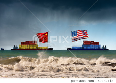 USA and China trade war - Two cargo container ships in the rough sea USA and China trade war - Two cargo container ships in the rough sea 60289418