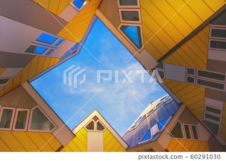 Roterrdam - Black, The Netherlands - December 01, 2019: View from below on the famous cube house designed by architect Piet Blom in Rotterdam Roterrdam - Black, The Netherlands - December 01, 2019: View from below on the famous cube house designed by architect Piet Blom in Rotterdam 60291030