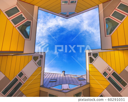 Roterrdam - Black,  The Netherlands - December 01, 2019: View from  below on the famous cube house designed by architect Piet Blom in Rotterdam 60291031