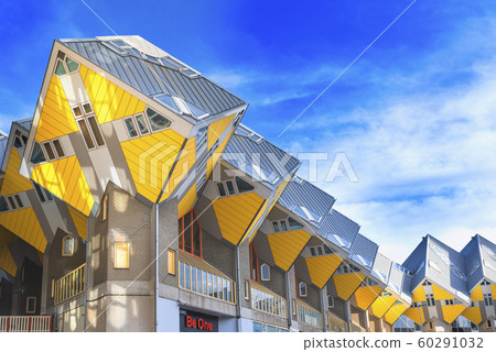 Roterrdam - Black,  The Netherlands - December 01, 2019: View from  below on the famous cube house designed by architect Piet Blom in Rotterdam 60291032