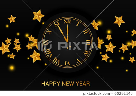 Clock dial with golden confetti. Happy new year text. 60291143
