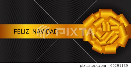 Feliz Navidad Merry Christmas Spanish text banner, minimal elegant black background decorated with golden bow. 60291189