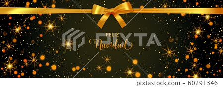 Feliz Navidad Merry Christmas Spanish text banner with golden decoration. Festive bokeh lights and confetti background. 60291346
