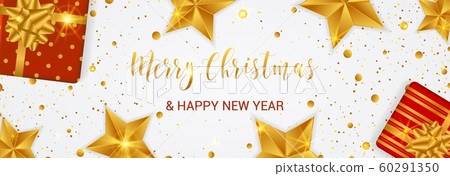 Merry Christmas banner. Cristmas festive background with objects and golden decoration 60291350