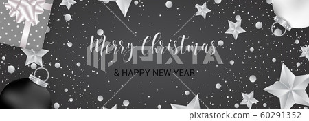 Merry Christmas banner. Christmas festive background with objects in silver and black colors. 60291352