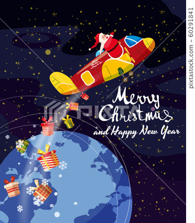 Santa Claus flying plane flies delivering gifts in space above the Earth. Illustration vector isolated cartoon style poster banner template 60291841