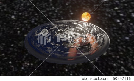 Flat Earth like dish plate in space with sun and moon 3d illustration 60292116