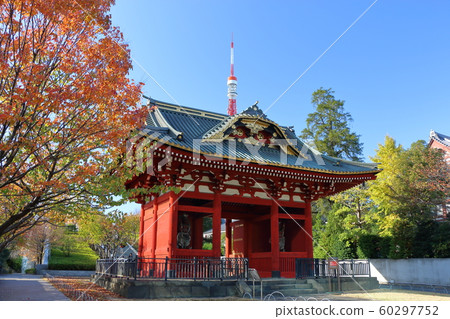 Tokyo Tower as seen from Shiba Park with a blue sky background  60297752