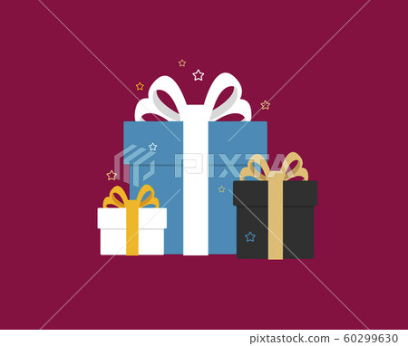Composition of wrapped gift boxes decorated with ribbon and bows with confetti stars around it. Flat style vector illustration, Composition of wrapped gift boxes decorated with ribbon and bows with confetti stars around it. Flat style vector illustration, 60299630
