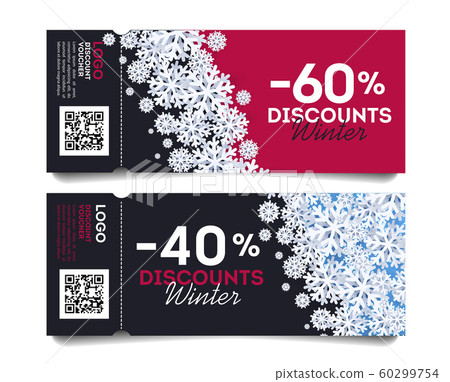 Christmas and New Year discount Voucher, Coupon Template for winter discounts with snowflakes diagonal design element and torn-off part Christmas and New Year discount Voucher, Coupon Template for winter discounts with snowflakes diagonal design element and torn-off part 60299754