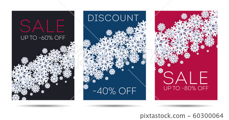 Set of winter Christmas posters with snowflakes illusteration in 3d modern style, with discounts sale 60300064