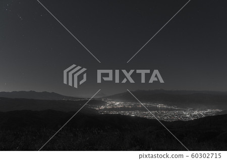 [Sepia] Night view of Mt. Fuji and Lake Suwa seen from the High Bocchi Plateau Autumn 60302715