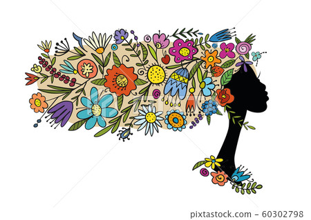 Pretty female face with floral hairstyle for your design 60302798