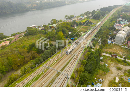Gyeongchun Line, Daeseong-ri Station, Train, North Han River, Cheongpyeong-myeon, Gapyeong-gun, Gyeonggi-do, Aerial photography Gyeongchun Line, Daeseong-ri Station, Train, North Han River, Cheongpyeong-myeon, Gapyeong-gun, Gyeonggi-do, Aerial photography 60305545