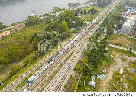 Gyeongchun Line, Daeseong-ri Station, Train, North Han River, Cheongpyeong-myeon, Gapyeong-gun, Gyeonggi-do, Aerial photography Gyeongchun Line, Daeseong-ri Station, Train, North Han River, Cheongpyeong-myeon, Gapyeong-gun, Gyeonggi-do, Aerial photography 60305548