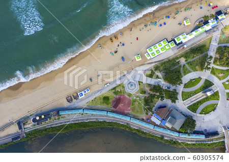 Hourglass Park, Jeongdongjin Time Museum, Jeongdongjin Beach, Jeongdongjin, Gangneung, Gangwon-do, East Sea, Aerial photography 60305574