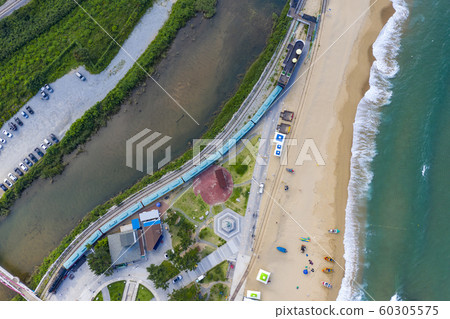 Hourglass Park, Jeongdongjin Time Museum, Jeongdongjin Beach, Jeongdongjin, Gangneung, Gangwon-do, East Sea, Aerial photography 60305575