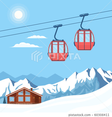 Red ski cabin lift for skiers and snowboarders, winter snow mountains, hills, chalet, resort house. Vector flat illustration. Red ski cabin lift for skiers and snowboarders, winter snow mountains, hills, chalet, resort house. Vector flat illustration. 60308411