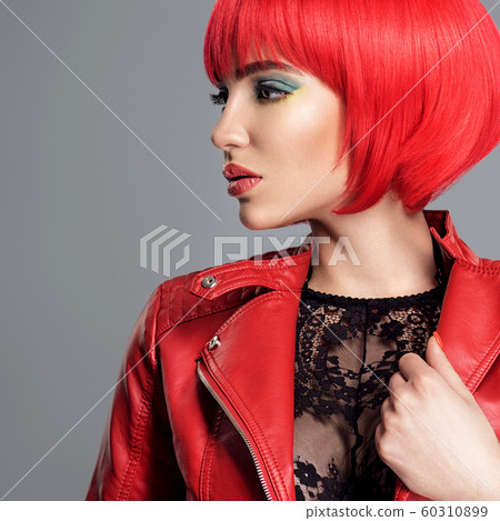 Beautiful sexy woman with bright red bob Beautiful sexy woman with bright red bob 60310899
