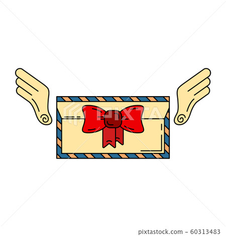 Color postcard with ribbon and symbolically wings icon. Congratulation letter. Party celebration, holidays event element icon. Children happiness. Bargain shop packaging. Vector linear illustration. 60313483