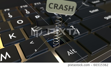 Computer keyboard and jack-in-the-box CRASH message in the key. Conceptual 3D rendering 60315362