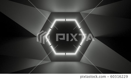 Abstract geometry lit by a neon white hexagonal lamp 60316229