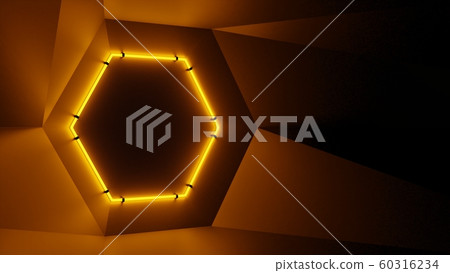 Abstract geometry lit by a neon orange hexagonal lamp Abstract geometry lit by a neon orange hexagonal lamp 60316234